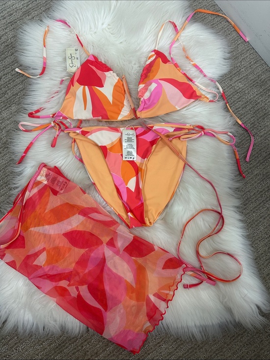 Jessica Simpson Other - Jessica Simpson Triangle Bikini Set with Sheer Sarong - Pink, Orange, Cream M